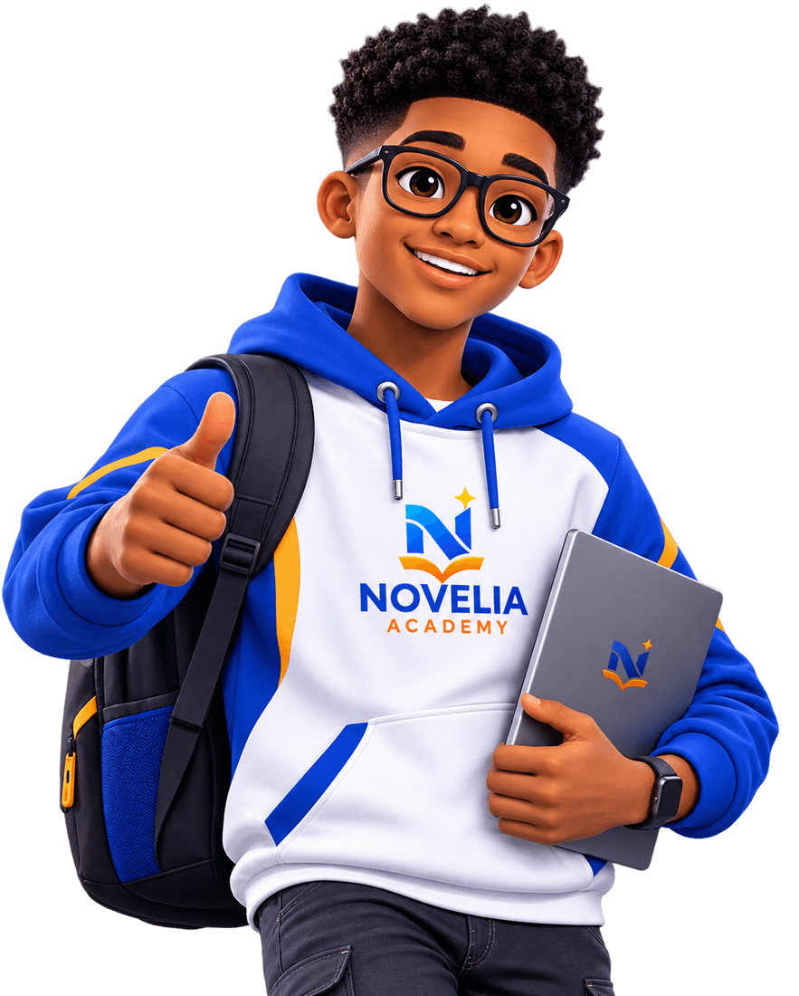 A Novelia student giving a thumbs-up, holding a tablet