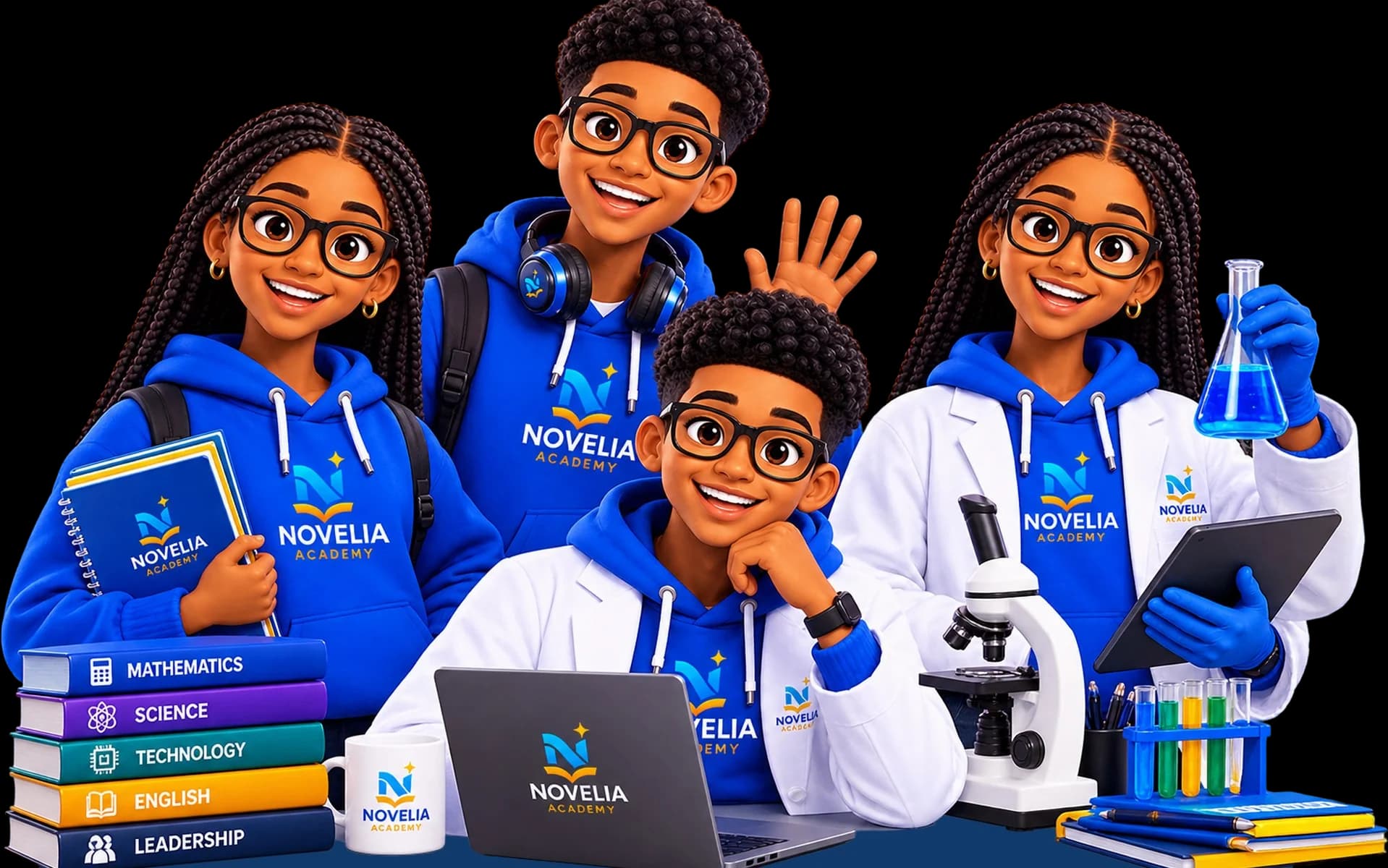 Four smiling Novelia Academy students in blue hoodies with books, a laptop, a microscope and a science flask