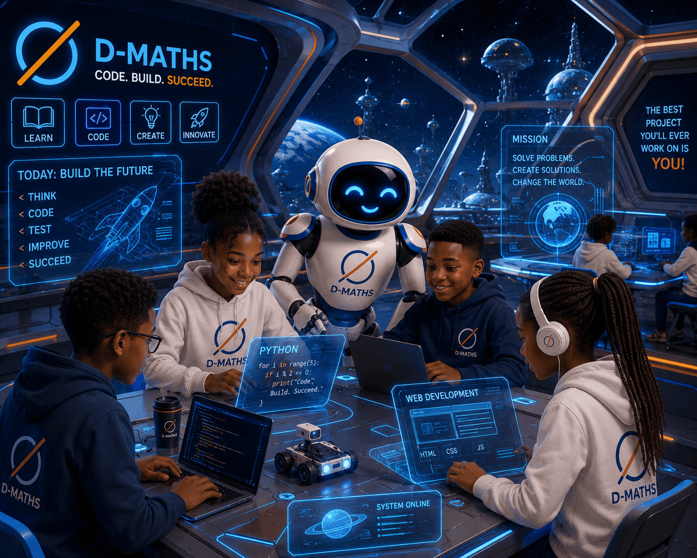 D-Maths students coding and building projects with the D-Maths robot